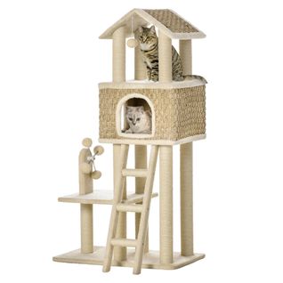 Arbre à Chat Grand 130 Cm Avec Niche, Plateformes Et Balles De Jeu, Kaki/beige