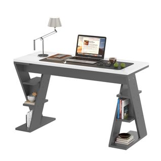 Bureau moderne 120x50x74 cm avec étagères et support en X, gris et blanc