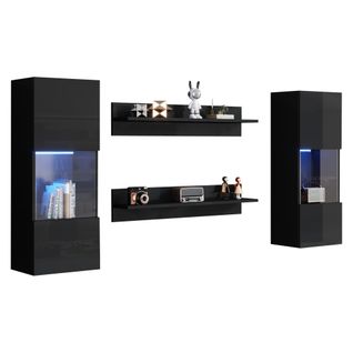 Ensemble TV Mural 4 Pièces Avec LED, Portes Vitrées, Haute Brillance, TV-compatible, Noir