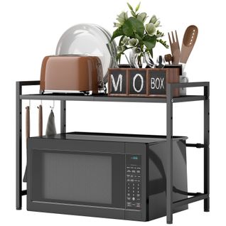 Support Micro-ondes Extensible Avec 3 Crochets, Étagère Cuisine Métal Noir