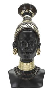 Statue Tête Femme Massai Avec Bijoux Et Coiffe 38,5 Cm