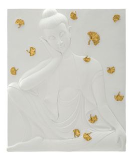 Panneau Mural Bouddha En Résine 3d Blanc Et Doré 46x55,5 Cm