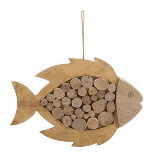 Sculpture Murale Poisson En Bois Naturel à Suspendre 42,5x28,5 Cm