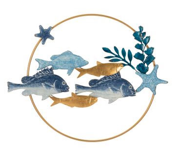 Panneau Mural Décoratif Marin En Métal Et Bois Avec Poissons Tropicaux 77x63 Cm