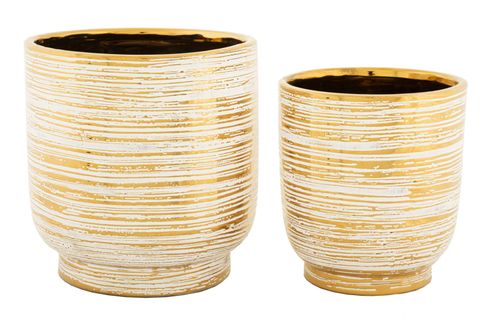 Set De 2 Vases Décoratifs En Céramique Blanc Et Doré Ø23-17 Cm