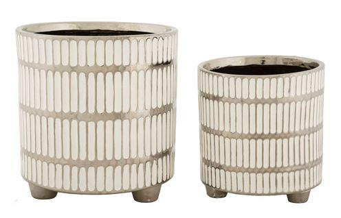 Set De 2 Vases Décoratifs En Céramique Blanc Et Argent Ø22-18 Cm