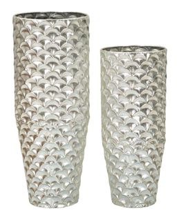 Set De 2 Grands Vases Décoratifs Argentés En Métal Avec Relief Élégant