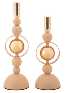 Lot De 2 Bougeoirs Roses Et Dorés Design Géométrique Ø10x27-33 Cm