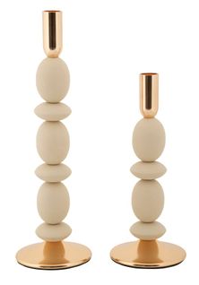 Lot De 2 Bougeoirs Crème Et Doré Design Moderne Ø10x25-33,5 Cm