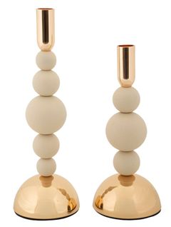 Lot De 2 Bougeoirs Bolly Crème Et Dorés Ø10x24-29,5 Cm Style Glamour