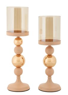 Lot De 2 Bougeoirs Modernes Glassy Rose Et Doré Ø10x32-ø10x36 Cm