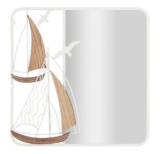 Miroir Mural Carré 60x60 Cm Cadre Blanc Décor Voiliers Bois