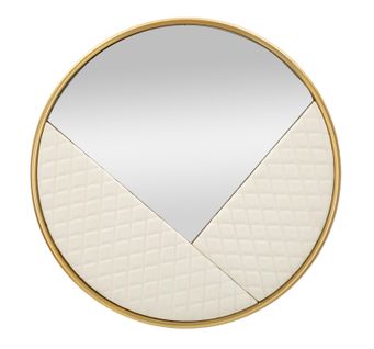 Miroir Mural Rond Ø80 Cm Blanc Et Or Avec Détails Cuir Capitonné