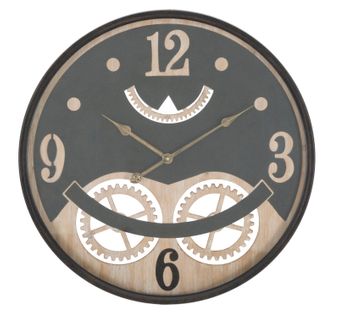 Horloge Murale Industrielle Ø67 Cm Métal Noir Et Mdf Marron Avec Décor Engrenages
