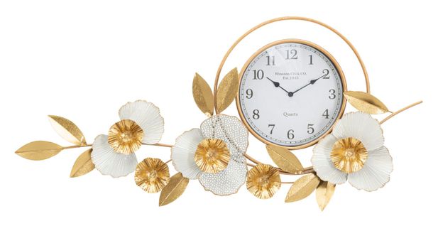 Horloge Murale Ronde 92,5 Cm Avec Panneau 3d Décoratif Fleurs Et Feuilles Doré