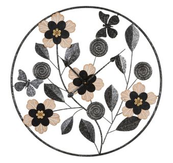 Horloge Murale Ronde 67 Cm Avec Cadran Décoratif Fleurs, Feuilles Et Papillons Marron Et Noir