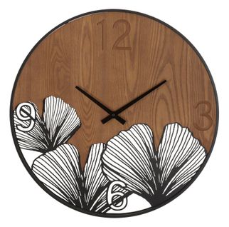 Horloge Murale Ronde 60 Cm En Métal Et Bois Avec Gravures Feuille Tropicales Pour Décoration Moderne