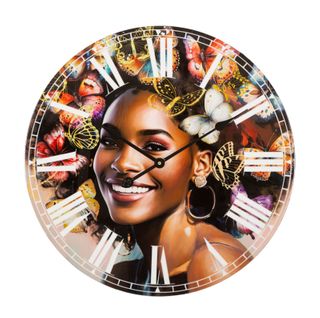 Horloge Murale 60 Cm En Mdf Avec Femme Et Papillons Colorés Dans Les Cheveux