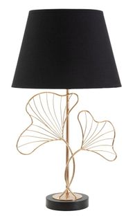 Lampe à Poser Ø30x60 Cm En Métal Doré Avec Abat-jour Noir Motif Feuilles