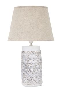 Lampe à Poser En Résine 35x60,5 Cm Blanc Vieilli Et Brun Avec Abat-jour Beige Style Bohème Chic