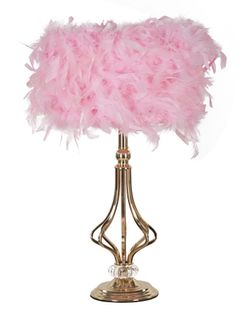 Lampe à Poser Géométrique Métal Doré Rose 25x54 Cm Avec Abat-jour Plumes