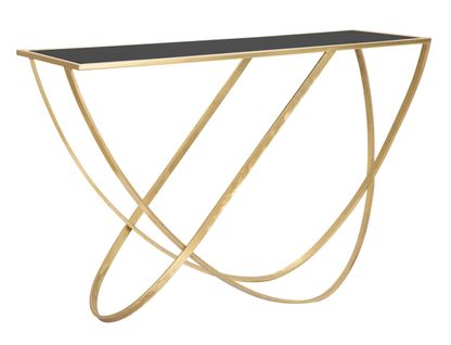 Console Glamour Noire Et Dorée En Métal Et Miroir, Design Sinueux 120x40x79 Cm
