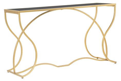 Console Élégante Dorée Avec Étagère Miroir Noire, Design Sinueux 130x40x75 Cm
