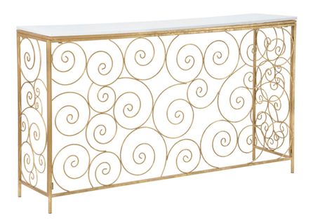 Console Dorée Avec Plateau Marbre Blanc Et Décor Géométrique 140x36x82 Cm