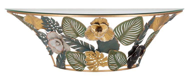 Console Murale Demi-lune Dorée Avec Décor Floral Multicolore 120x40,5x37,2 Cm