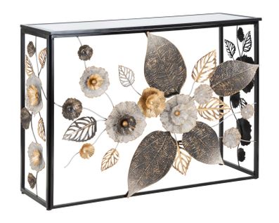 Console Noire En Métal Avec Plateau Miroir Et Décor Floral Multicolore 111,8x41,9x80 Cm