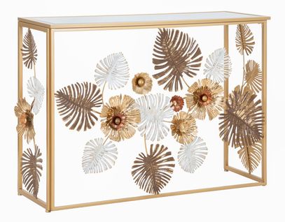 Console Dorée En Métal Avec Plateau Miroir Et Décor Floral Multicolore 113x40x80 Cm