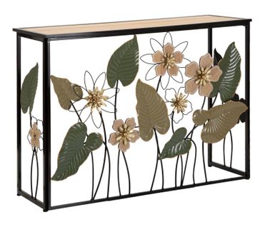 Console Noire En Métal Avec Plateau Bois Et Décor Floral 108x36,8x80 Cm