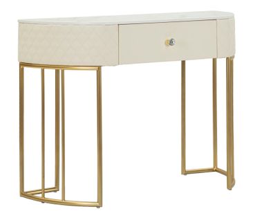 Console Murale Élégante En Simili Cuir Blanc Avec Tiroir Et Pieds Dorés 100x40x75 Cm