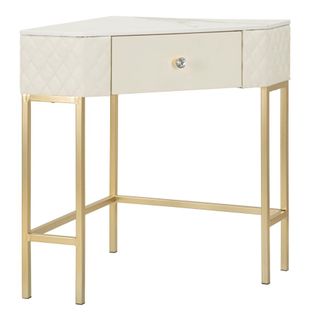 Console D'angle Sharon En Cuir Matelassé Blanc Et Pieds Dorés 84,5x60x77 Cm