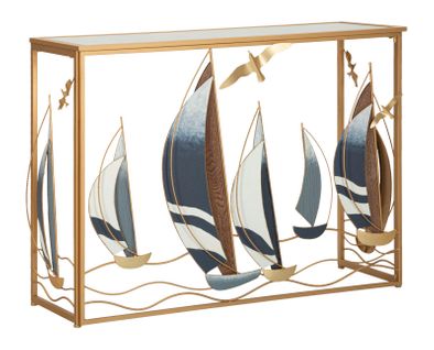 Console Nautique En Métal Doré Et Miroir 108x37 Cm, Style Marin Élégant