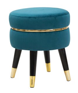 Tabouret Ø 35 X 40,5 Cm En Bois Et Velours Teal Avec Finitions Dorées Style Hollywood