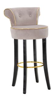 Tabouret De Bar Rond Gris 46x48x96 Cm Velours Synthétique Avec Dossier Et Repose-pieds Doré