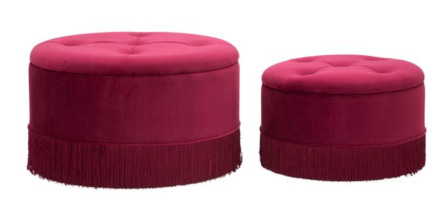 Pouf Rond Bordeaux Ø71x41-55x33 Avec Rangement Et Franges Style Charleston, Bois Et Velours