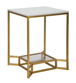 Table Basse Carrée Dorée Avec Marbre Blanc Et Étagère En Verre 47x47x60 Cm