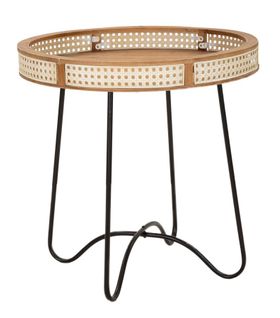 Table D'appoint Ronde 60x60,5 Cm En Métal Noir Avec Bord En Bois Et Décoration En Paille De Vienne