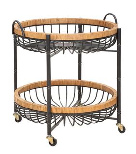 Table d'appoint Ronde Trolley Boho Chic Avec Étagères En Métal Et Rotin 57x55,5x62,5 Cm
