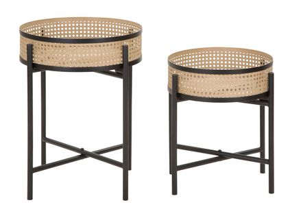 Lot De 2 Tables Rondes Porte-vases Boho Chic En Métal Avec Bols Style Rotin 40x50-35x40 Cm