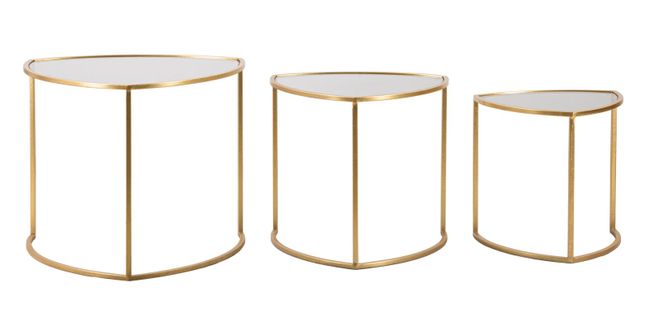 Set De 3 Tables Basses Triangulaires Dorées Avec Plateau En Verre 60x50-50x45-40x40 Cm