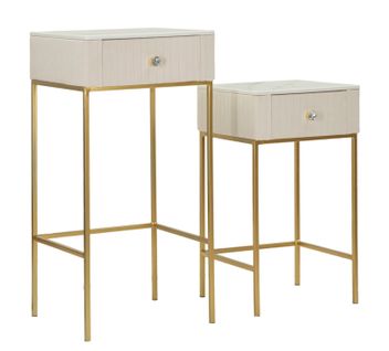 Ensemble 2 Table D'appoint Hautes Carrées Ø45x90-40x70 Cm Crème Et Or En Bois Et Métal