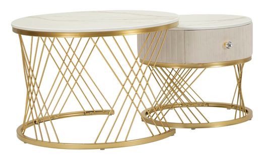 Ensemble De 2 Tables Basses Rondes 70 Et 50 Cm Avec Tressage Doré