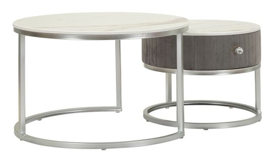 Ensemble De 2 Tables Basses Rondes 70 Et 50 Cm Effet Marbre Et Métal Argenté