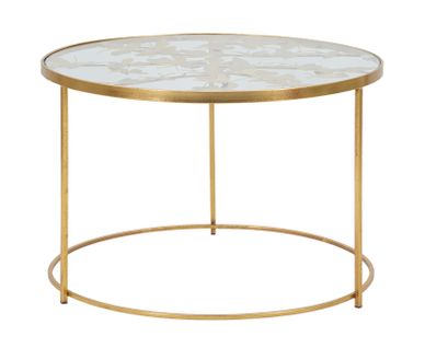 Table Basse Ronde 60 Cm Métal Doré Avec Décorations Papillons Et Plateau En Verre