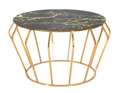 Table Basse Ronde 78 Cm Métal Doré Avec Plateau En Verre Effet Marbre Noir