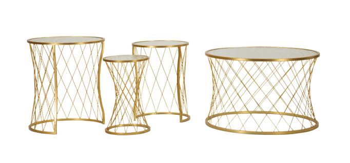 Set De 4 Table D'appoint Basses Rondes Dorées Avec Plateau En Verre Trempé