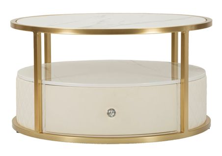 Table Basse Ronde Ø75 Cm En Simili Cuir Blanc Et Métal Doré Avec Plateau Marbre